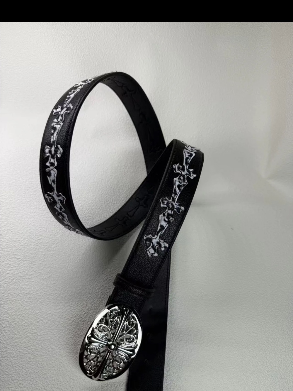 Black Men's Leather Belt with Silver Embroidered Cross Detail
